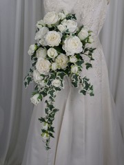 Dreamy White Rose and Ivy Cascade Faux Silk Wedding Bouquet