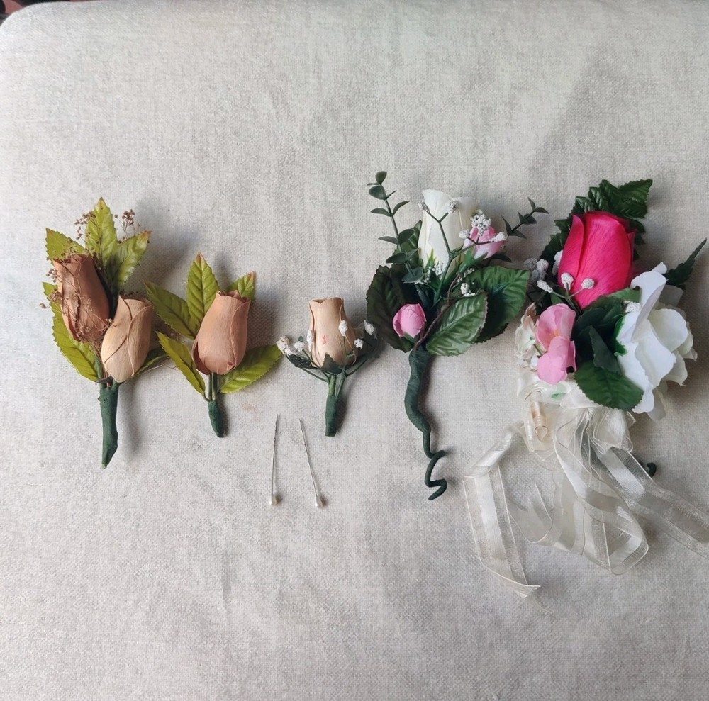 Vintage Artificial Corsage Boutonniere Lot of 5 Prom Wedding Fabric Wood Flowers
