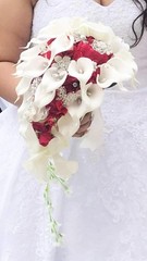 Handmade Red Calla Lily Bouquet, Realistic Roses & Pearls, Luxury Wedding Decor
