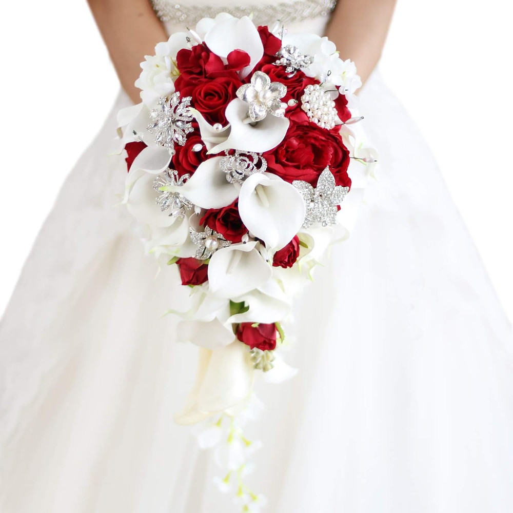 Romantic Red Calla Lily & Rose Bridal Bouquet with Pearls & Diamonds