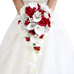 Romantic Red Calla Lily & Rose Bridal Bouquet with Pearls & Diamonds