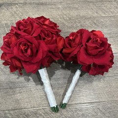 Red Rose Bridal Bouquet with Flower Girl bouquet – Both Wrapped in White Ribbon