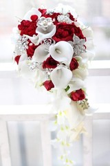 Handmade Red Calla Lily Bouquet, Realistic Roses & Pearls, Luxury Wedding Decor