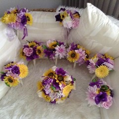 Wedding flowers bridal bouquets decoration sunflowers lav purple 7 bouquet