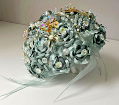 Bridal Wedding Bouquet Sea Foam Green Pearls Floral Embellished & Corsage
