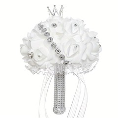 Real Touch Wedding Bouquet White Roses Crystal Bling Handle Silk Bridal Flowers