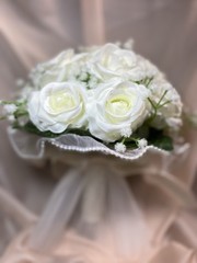 Artificial White Rose Wedding Bouquet with Satin Ribbon & Pearl Trim
