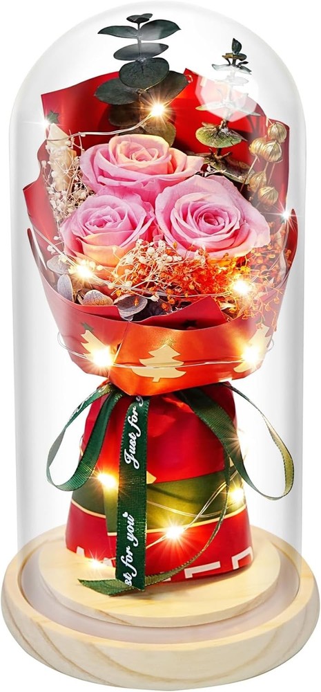 HVY Preserved Flowers in Glass for Her,Pink Real Rose Bouquet with LED Light,Ete