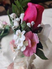Vintage Artificial Corsage Boutonniere Lot of 5 Prom Wedding Fabric Wood Flowers