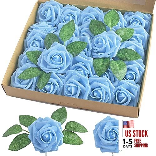 Artificial Rose, 25pcs Foam Artificial Flowers with Stem for Home Aqua Blue