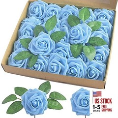 Artificial Rose, 25pcs Foam Artificial Flowers with Stem for Home Aqua Blue
