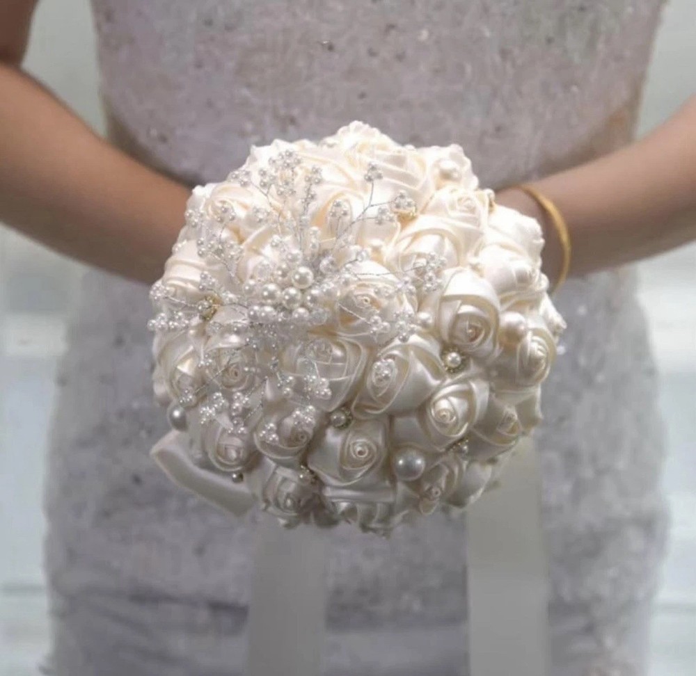 White Artificial Rose Wedding Bouquet, Satin with Pearl and Rhinestone Accents