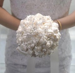 White Artificial Rose Wedding Bouquet, Satin with Pearl and Rhinestone Accents