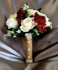 Red Chrysanthemum and White Roses Bride Bouquet and Groom boutonnière Set