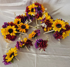 Fall Wedding Bouquet Set, Roses, Sunflowers, Purple, Yellow, Maroon