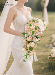 11 Inch Champagne Wedding Bouquets for Bride Bridesmaid, Artificial Rose Bridal
