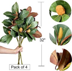 Set of 4 Magnolia Branches 32 Inch Long Artificial Magnolia with Leaves Greenery