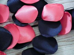 Coral and navy satin rose petals, 25 count artificial petals