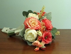 Silk Flower BRIDAL BOUQUET Coral Pink Peach and Green Roses, Poppy, Hydrangea