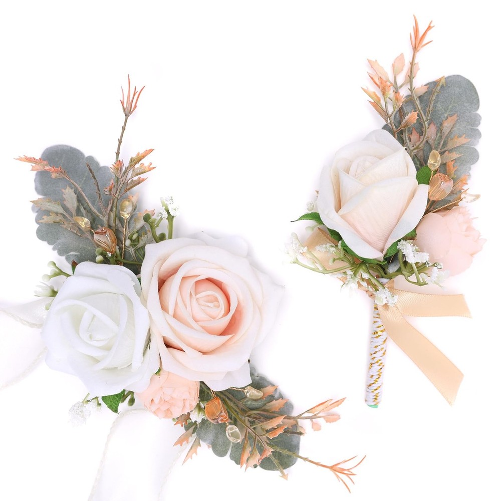 Fnize Champagne Corsage and Boutonniere Set for Bride Groom Bridesmaids Groom…
