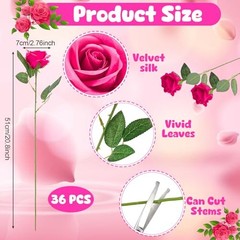 36 Pcs Artificial Roses with Long Stems – Fake Silk Rose Artificial Hot Pink