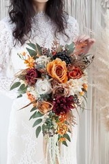 12″ Burnt Orange Cascade Wedding Bouquet, Silk Bridal Flowers for Fall Weddings