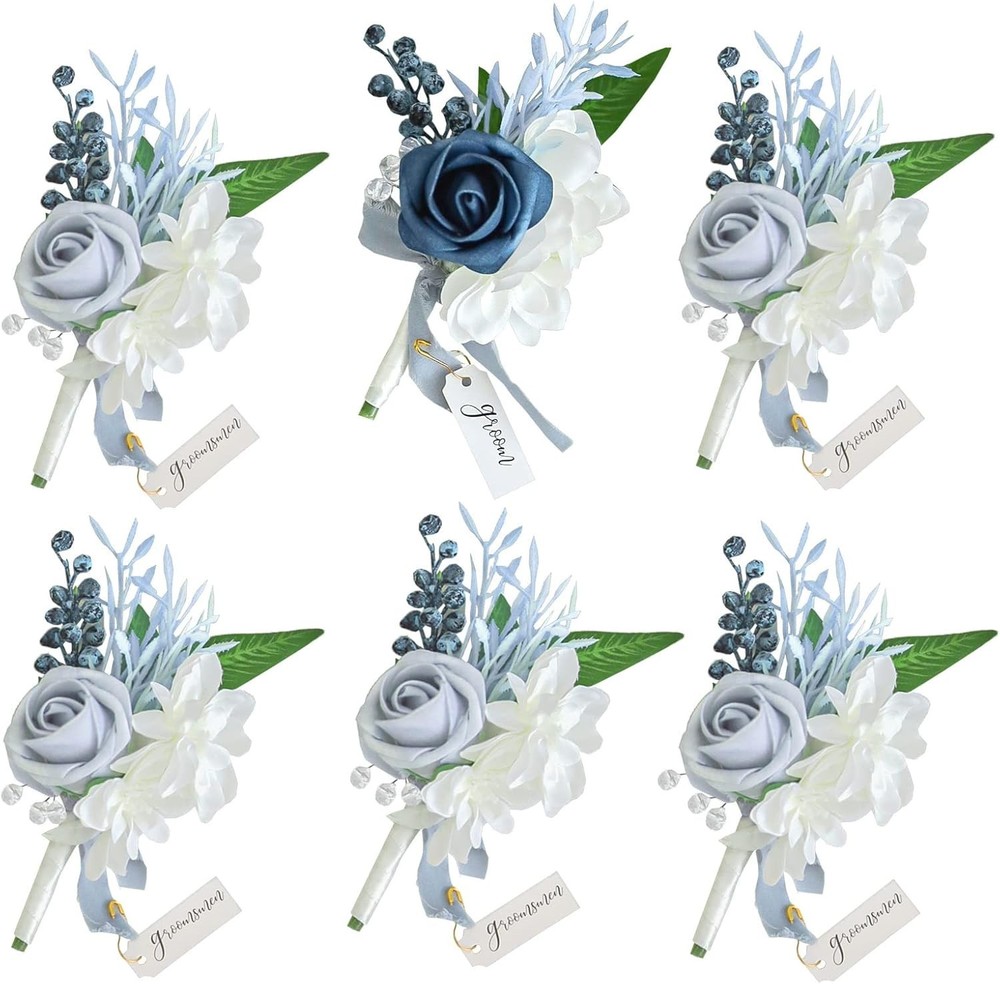 Set of 6 Dusty Blue Wedding Boutonniere for Men Artificial Flowers for Wedding G