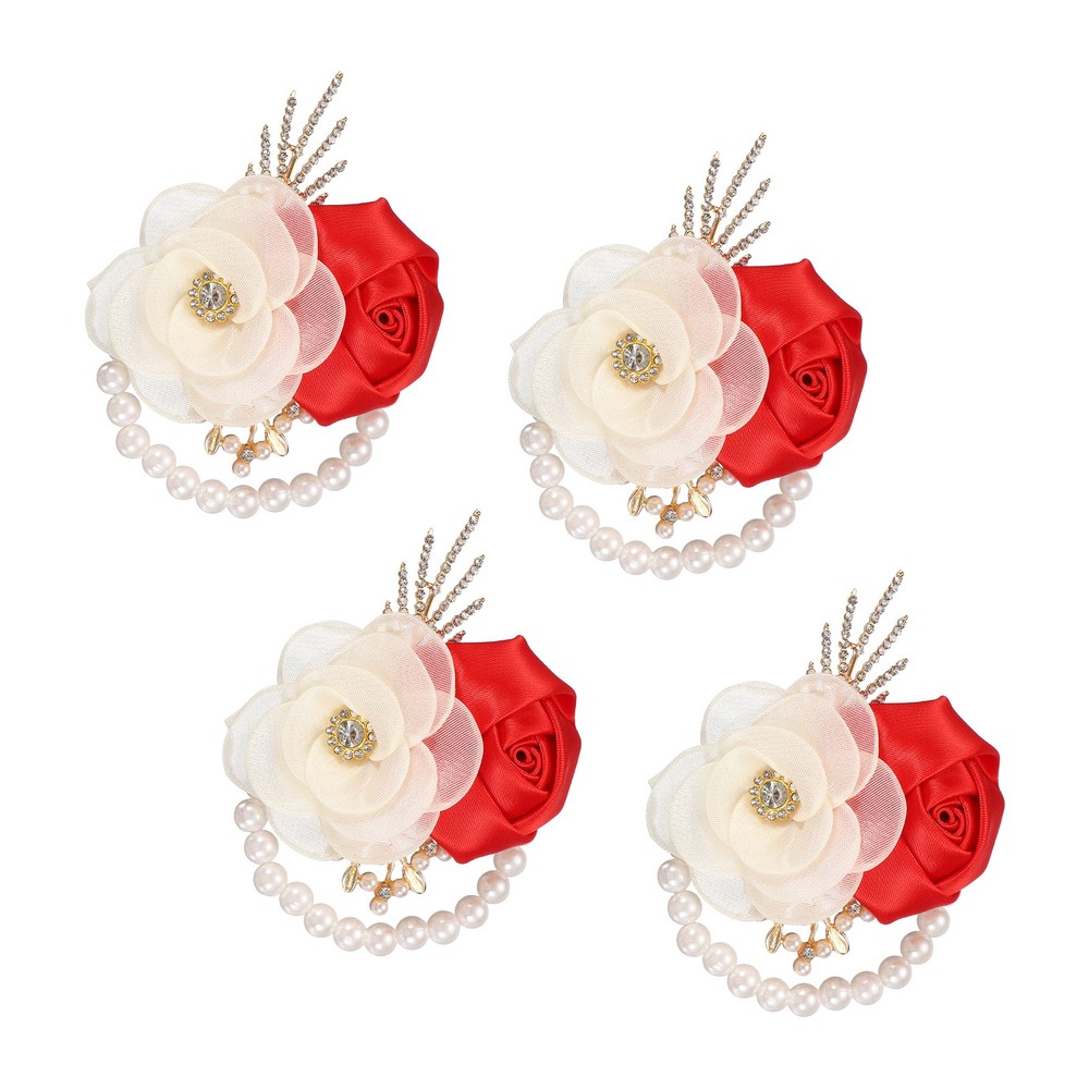 Rose Wrist Corsage, 4Pcs Wrist Corsage Bracelets Flower Wristlet, Red
