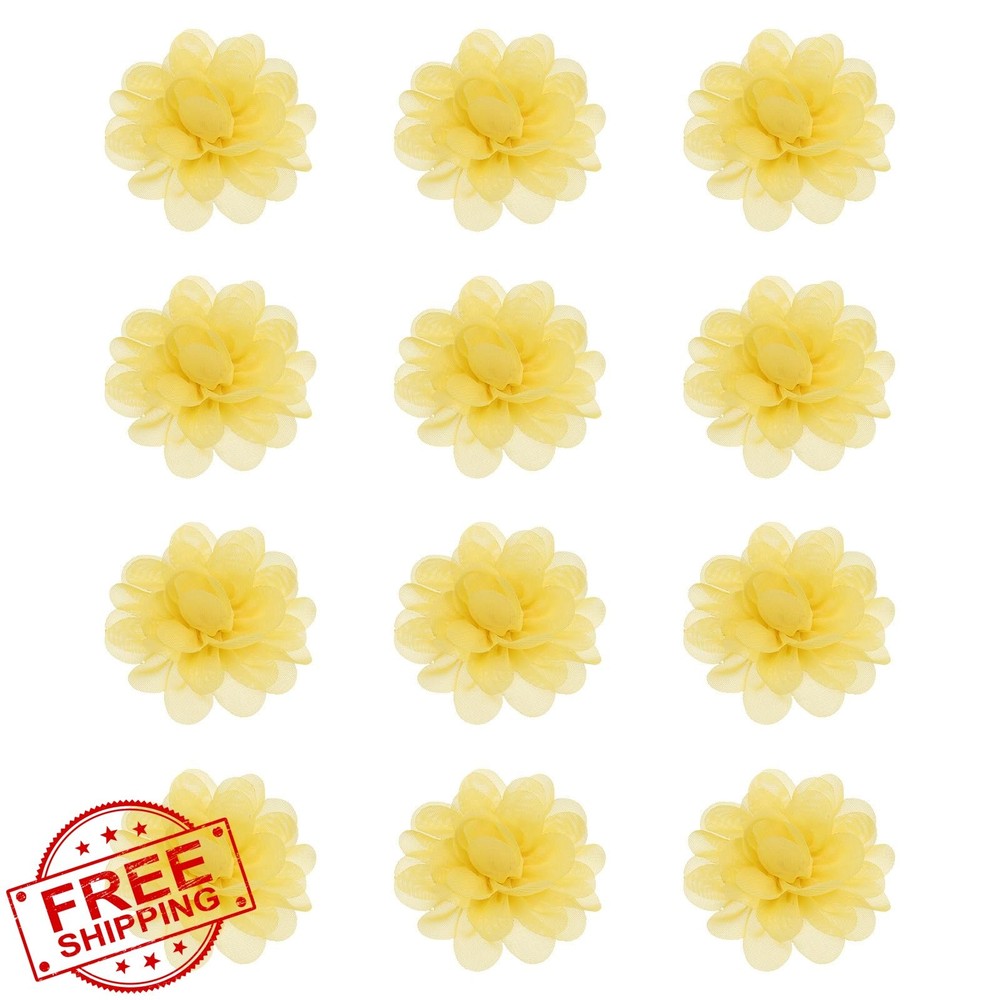 PATIKIL 2″ Light Yellow Chiffon Flowers 12Pcs