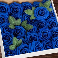Artificial Flowers 25pcs Real Looking Foam Fake Roses with 25Pcs Royal Blue