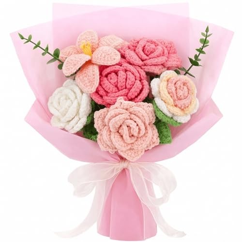 Pink Crochet Flower Bouquet, Handmade Knitted Yarn Rose Flowers with Gift