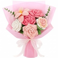 Pink Crochet Flower Bouquet, Handmade Knitted Yarn Rose Flowers with Gift