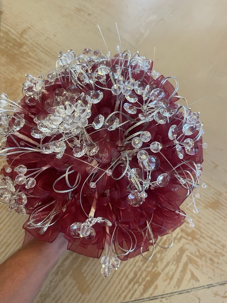 Burgundy/ Maroon Ramo Quinceañera Ribbon/ Clear Crystals / Beads Bouquet