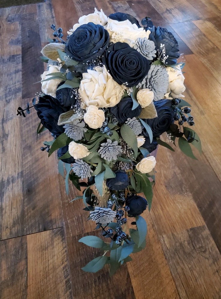 Navy Dusty Blue Bridal Bouquet Sola Wood Cascade Artificial Wedding Flowers