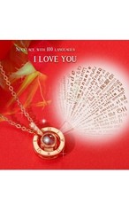 Preserved Real Red Rose Flower with I Love You Silver Necklace Projection Stone