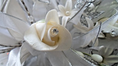 Luxury Wedding Cascade, White & Silver,Glass Crystals,Porcelain Roses,Satin-Beau