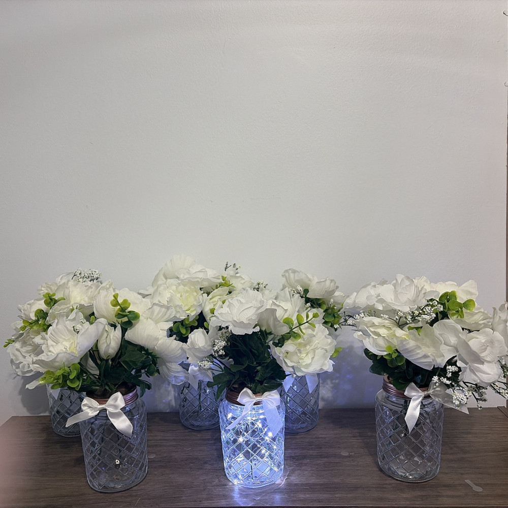 Lot of 6 Floral Centerpieces for Bridal Shower or Wedding – 1 w/Fairy Lights