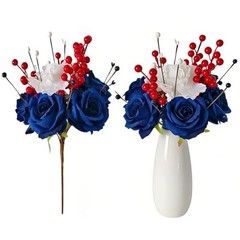 Patriotic Artificial Rose Flowers Berry Stem Picks Red White Blue Silk Floral