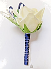 Navy Blue and Ivory SILK Flower Wrist Corsage & Boutonniere Set, Prom wedding