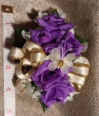 NEW 5″ Artificial Purple Rose Wrist Corsage W/Butterfly, Gold Bow Lavender Bout