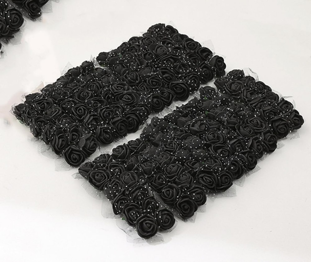 144pcs Mini Artificial Black Rose Flower Heads and Soft Stem,25mm PE Tiny Rose a