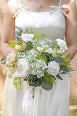 Bridesmaid Bouquet Artificial Silk Foam 11 Inch White Green Rose Wedding Tossing