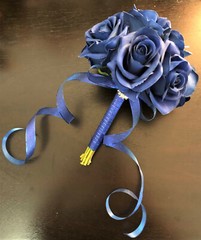 Royal Blue Faux Flower Roses Bridal Wedding Bouquet Vintage Rhinestone & Pearl 