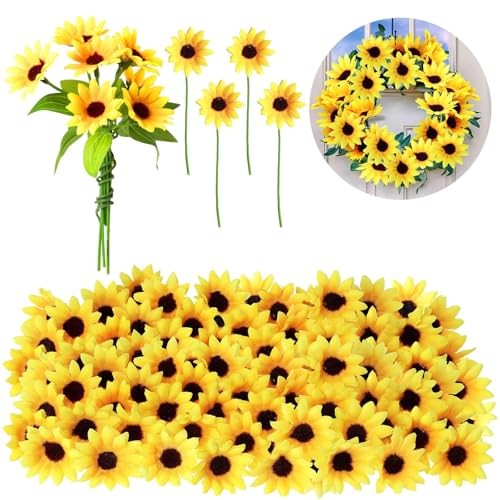 Wavwavw 50 Pcs Mini Artificial Sunflower Heads with Iron Stems for 1.77 Inch