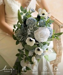 Ling’s Moment Dusty Blue Bridal Bouquet Cascading Wedding 15” Artificial Flowers