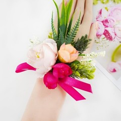 Artificial Rose Wrist Corsage – Fuchsia & Peach Flowers with Greenery – Wedding,