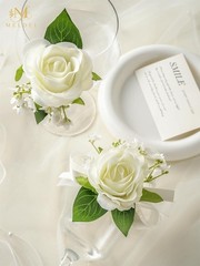 Wrist Corsage and Boutonniere Set2pcs, Ivory White Artificial Silk Rose Pearl…