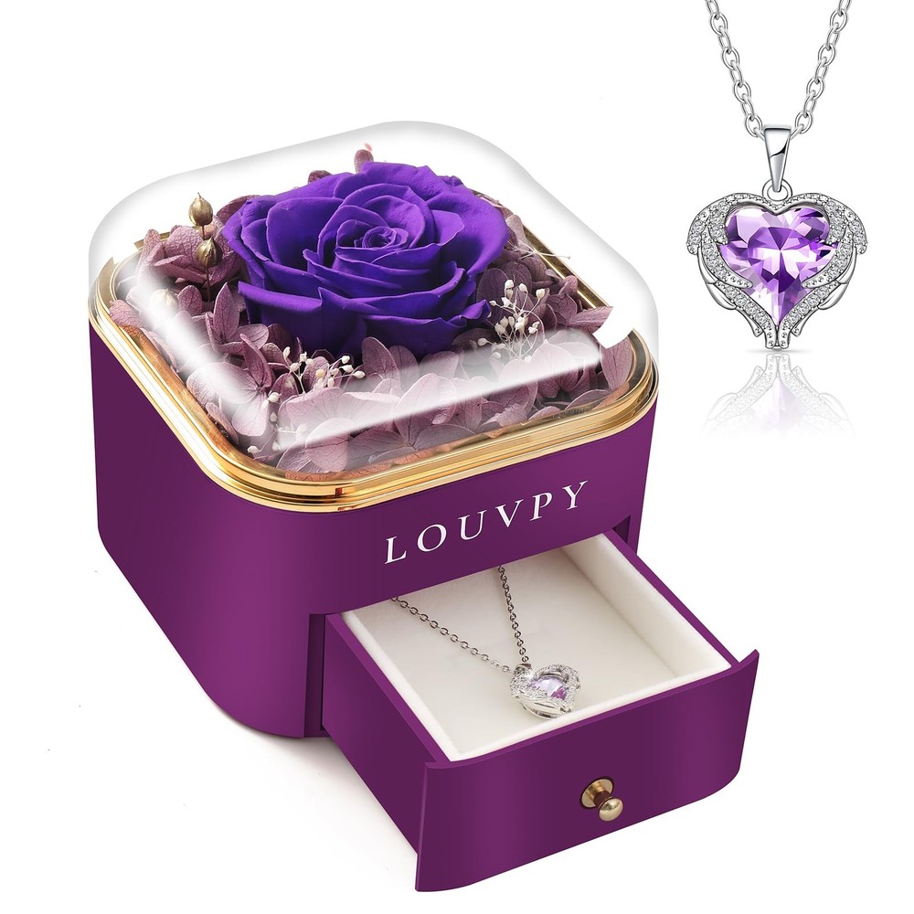 Gift for Girlfriend- Valentine Purple Rose box with necklace,