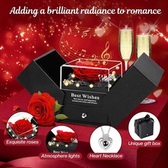 Preserved Red Rose Flowers with Love Necklace Gifts for Women Mom Birthday Prom