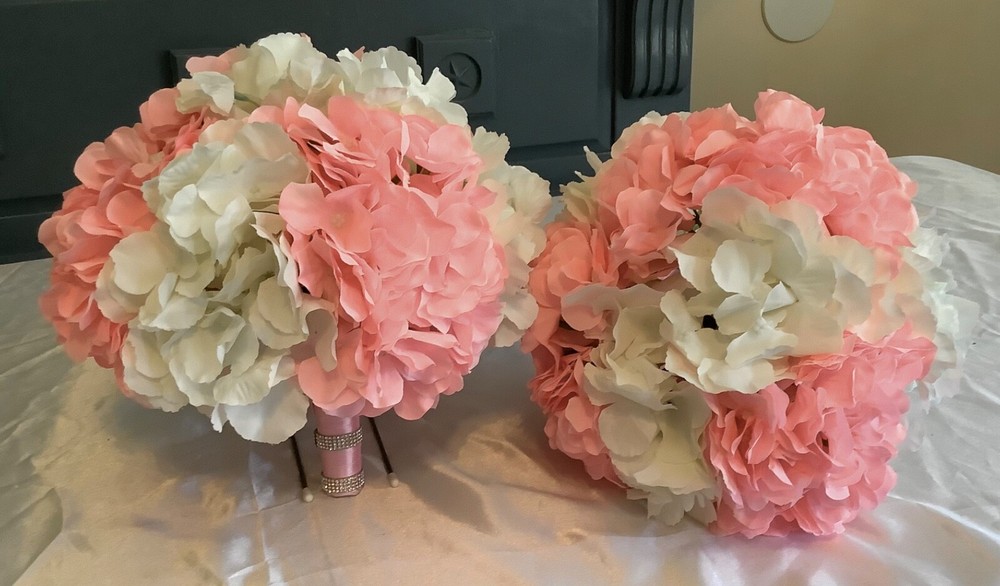 Set of 2 Pink and white hydrangeas wedding bouquets